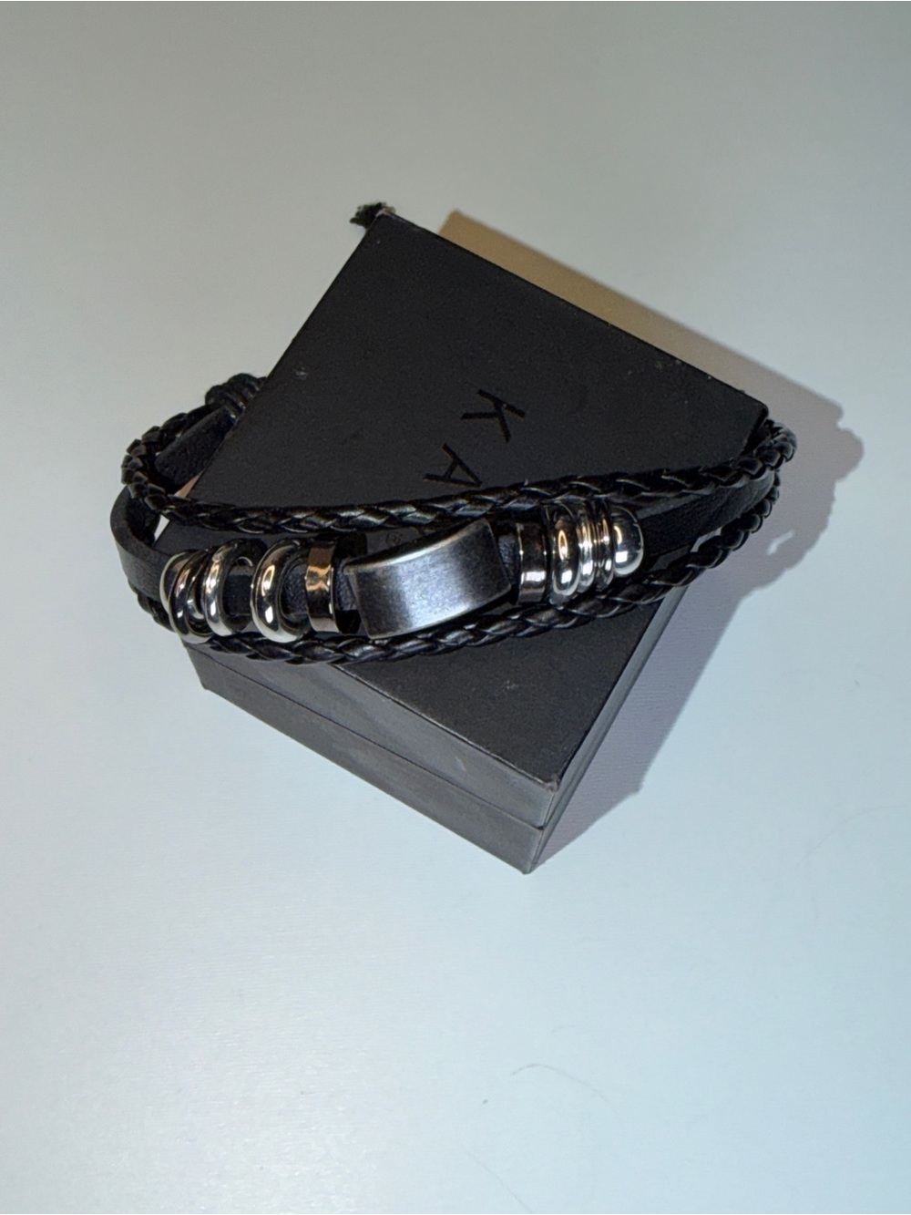 Men's Black Braided Leather Bracelet with Metallic Accents